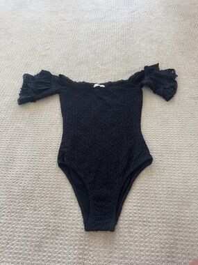 Nightcap Black Lace Off-Shoulder One-Piece Bodysuit